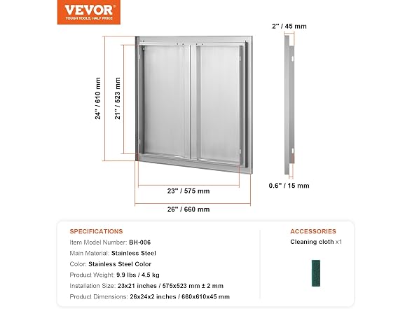 Double Stainless Outdoor Kitchen Door, 26W x 24H Inch