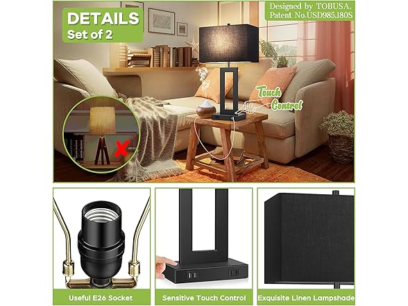 TOBUSA Set of 2 Touch Control Table Lamps with 2 USB Ports