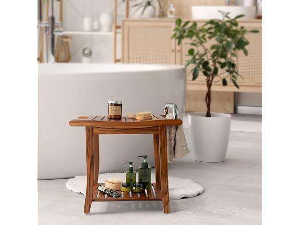 Teak Shower Bench with Shelf & Handles
