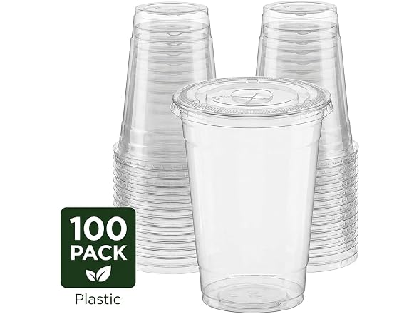 TLAPS 24 oz Crystal Clear Plastic Cups with Flat Lids 100 CT 
