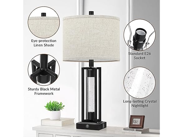 TOBUSA 26" Crystal Table Lamps Single Black