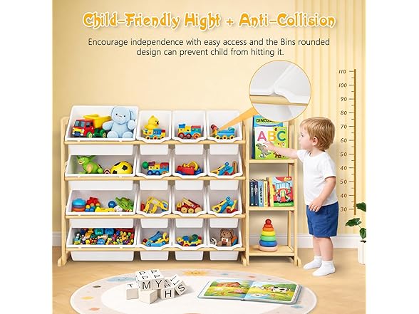 Etitlly Kids Toy Storage Organizer with Bookshelf – Wooden Shelf with 16 Bins & 3 Shelves, Quick Assembly Storage Rack for Playroom, Bedroom, Nursery - White (Open Box)