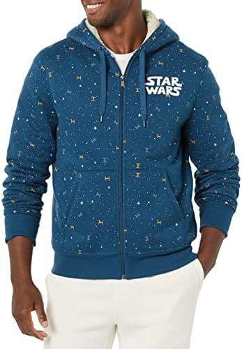 Amazon Essentials Disney | Marvel | Star Wars Men's Sherpa-Lined Full-Zip Hoodie Sweatshirts, Star Wars Logo Ships, X-Small