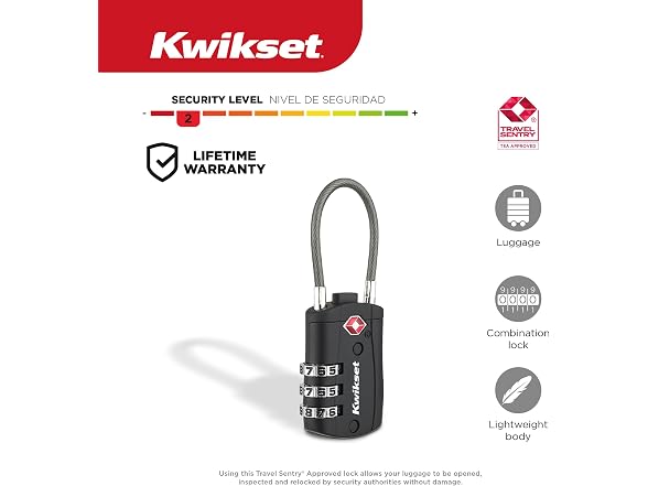 Kwikset TSA Luggage Lock with Cable, 4-Pack, Black