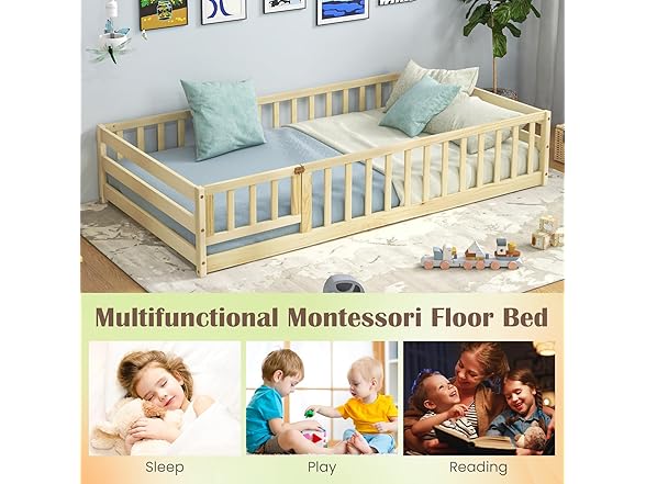 Giantex Twin Floor Bed with Door & Fence, Kids Wood Montesso (Open Box)