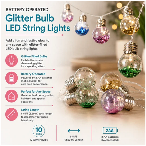 Celebrate Battery Operated Glitter 10 Bulb LED String Lights - Gallery 4