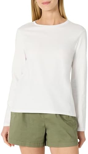 Amazon Essentials Women's 100% Cotton Regular-Fit Long-Sleeve Crewneck T-Shirt, White, X-Small