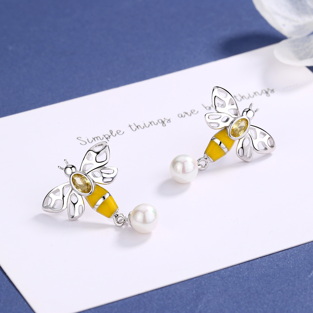 Crystal and Pearl Bee Earrings - Gallery 4