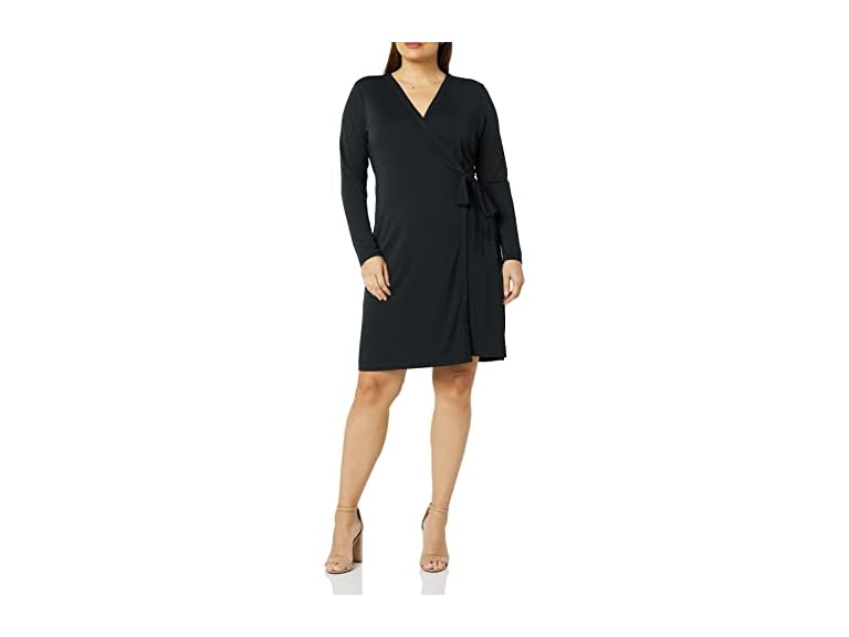 Amazon Essentials Women's Long Sleeve V Neck Signature Wrap Dress, Black, Large
