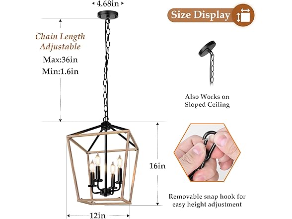 Farmhouse Chandelier 4-Light, Oak Wood Light Fixture