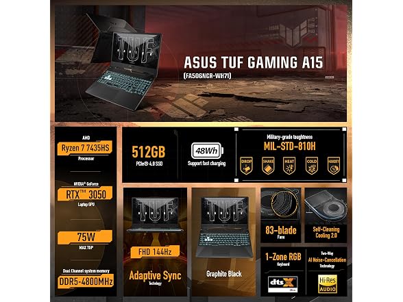 ASUS TUF A15 Gaming Laptop: 15.6” Full HD 144Hz Display, GeForce RTX 3050, AMD Ryzen 7 7435HS, 8GB DDR5 RAM, 512GB PCIe SSD, Wi-Fi 6, Windows 11 (Open Box)