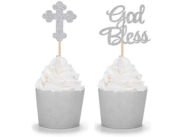 Sparkly God Bless and Baptism Toppers