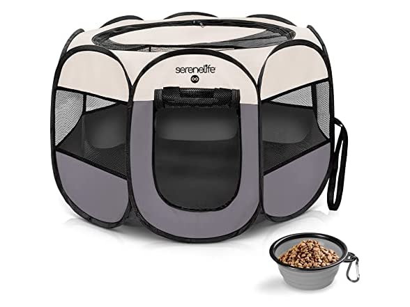 SereneLife On-The-Go Foldable Portable Pet Tent 8-Panel Playpen for Dog & Cat w/Food/Water Bowl, Mesh Exercise Puppy Playground, Pet House Indoor & Ou