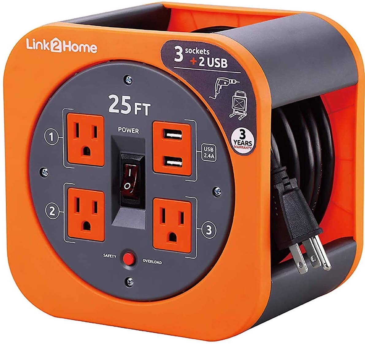 Link2Home 25' 16AWG Extension Cord Reel w/ USB - Gallery 6