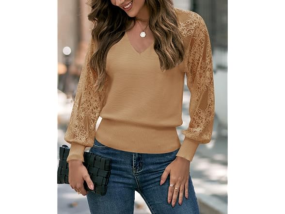 Zcsia Women (S) Long Sleeve V Neck Lace Solid Tops