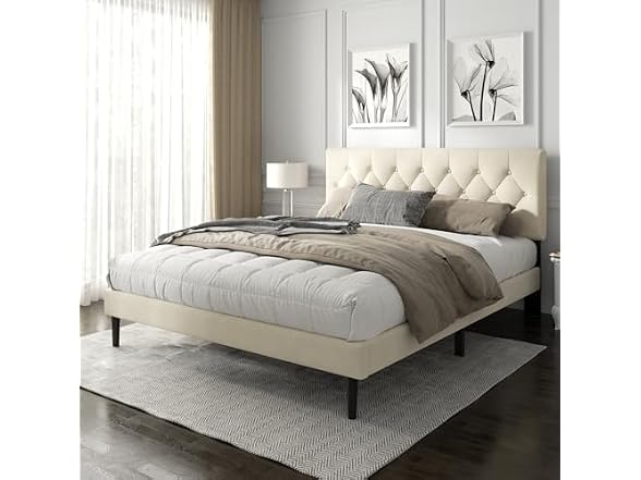 Platform Bed Frame, Tufted Headboard