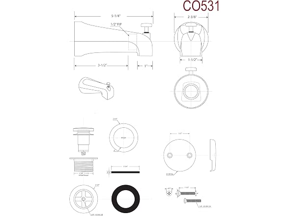 Westbrass CO531-62 5-1/4" Front Diverter Tub Spout