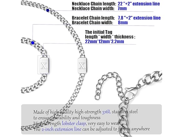 men's silver initial necklace bracelet