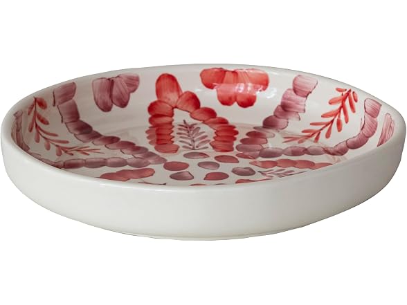 Creative Co-Op Hand-Painted Stoneware Low Bowl with Botanical Design, Multicolor