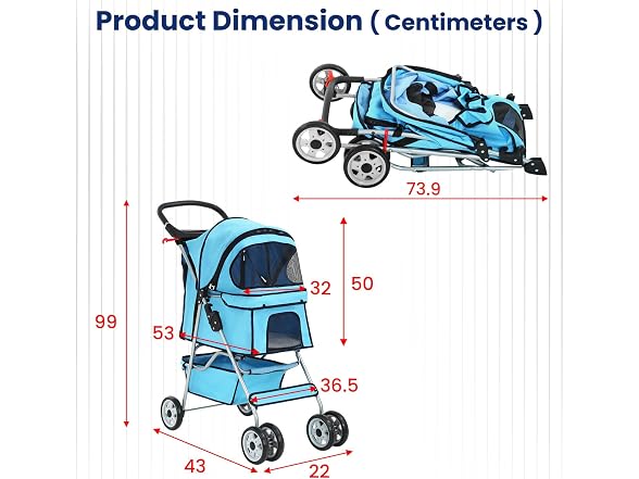 BestPet 4-Wheel Foldable Pet Stroller Blue