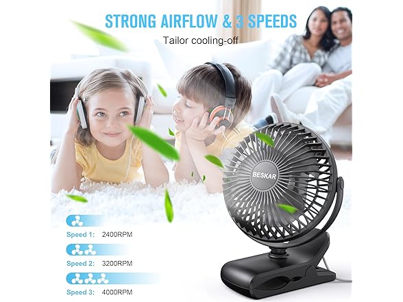 BESKAR Small Clip on Fan, 3 Speeds USB Plug