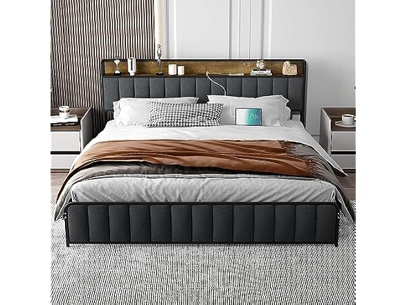 GAOMON King Bed, Storage Headboard, Grey