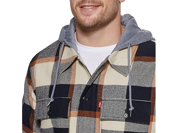Levis Mens Plaid Sherpa Hooded Shirt Jacket