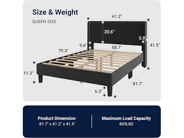 Avenco Queen Size Bed Frame, Upholstered, Black Velvet