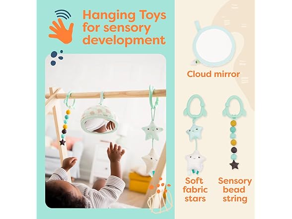 B. Toys Starry Sky Wooden Baby Play Gym - Activity Mat With 3 Hanging Sensory Toys For Newborns & Infants