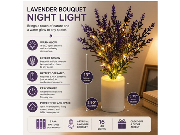 Battery Operated Artificial Lavender Flower Bouquet Nt Light