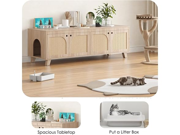 FONTOI Rattan Cat Litter Box Enclosure with Decorated Doors