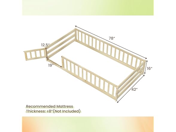 Giantex Twin Floor Bed with Door & Fence, Kids Wood Montesso (Open Box)