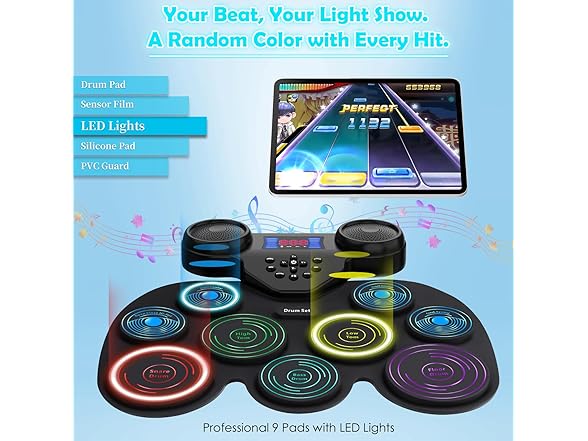 YUOIOYU Electric Drum Set with LED Lights
