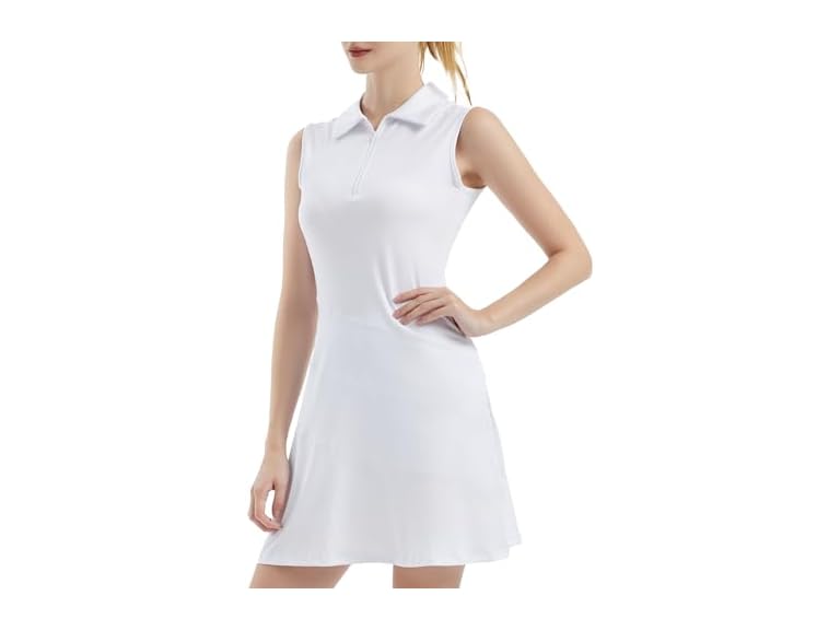 FKEEP Women's Tennis Golf Dresses Zipper V-Neck Sport Activewear with Shorts and Pocket Workout Athletic (White, S)