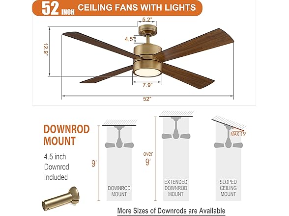 Parrot Uncle 52 Inch Ceiling Fan with Lights & Remote