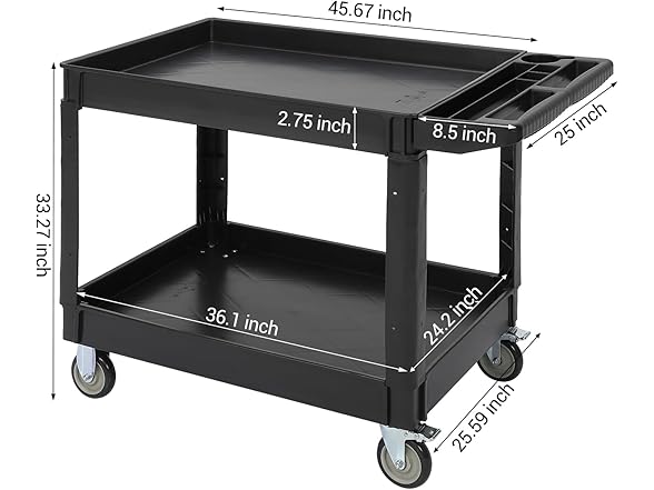 Utility Service Cart with Wheels and Two Trays