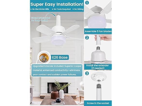 MATULSA Socket Fan Light with Remote, 16.5", White