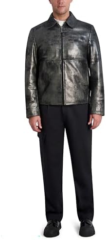 Karl Lagerfeld Paris Men's Shirt Collar Silver Leather Jacket, Black/Graphite