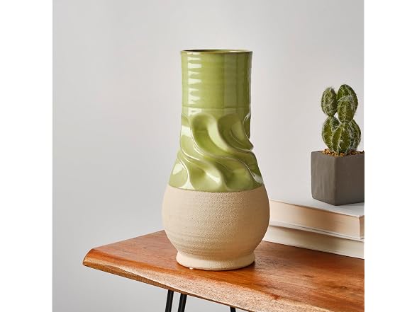 Elements Green and Cream Ceramic Vase 5.5x5.5x10.2"