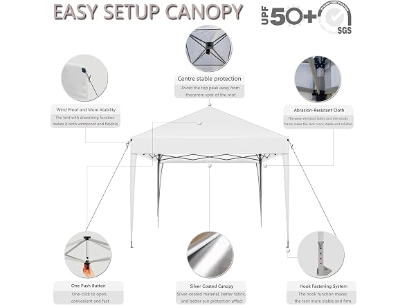 SANUMY 10x10 Pop Up Canopy – Easy Setup, Silver White