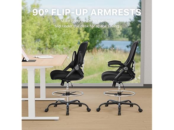 HYLONE Drafting Chair Tall Office Chair High-Back Mesh Standing Desk Stool with Adjustable Footrest Ring and Flip-Up Arms Black (Open Box)