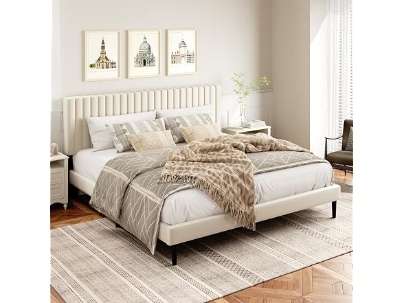 King Platform Bed, Velvet Headboard