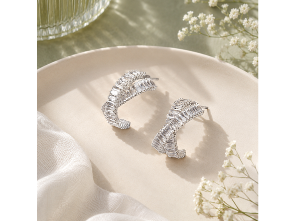 Silver Feather CZ Huggie Hoops