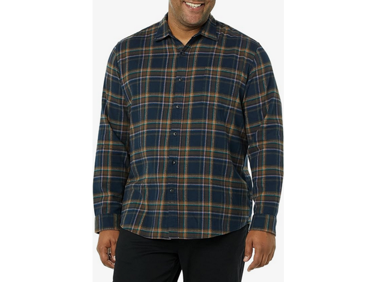Amazon Essentials Men's Long-Sleeve Flannel Shirt (Available in Big & Tall), Brown Dark Navy Plaid, Small