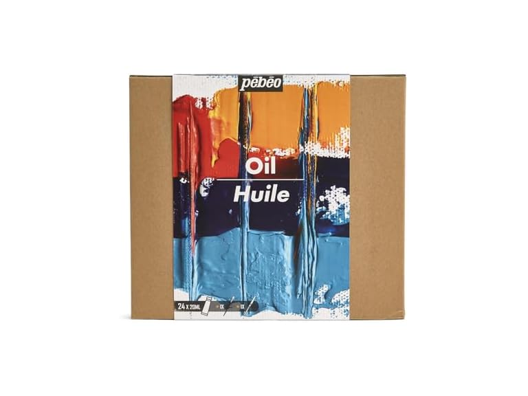 PEBEO - Studio Oil XL - Set 24 Tubes 20 Ml Assorted Colours + Accessories - Oil Painting Kit for Artist and Beginner - Brushes + Spatula + Cardboard - Luminous Colours