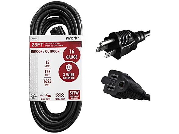 iWork 25 Ft Black Extension Cord 3 Prong