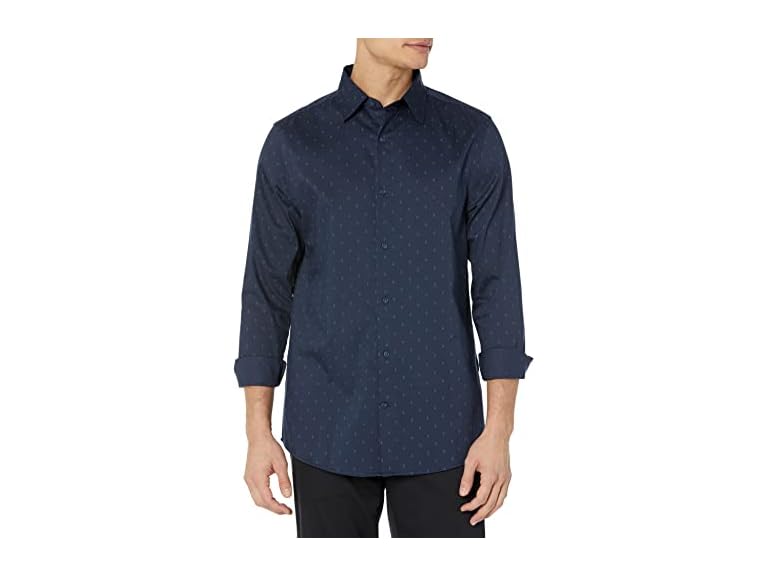 Amazon Essentials Dress Shirts, Button Down, Long Sleeve, Regular-Fit Stretch, Navy Geo Print, Small