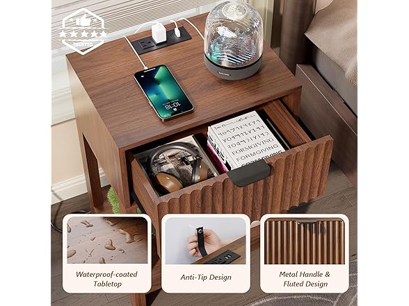 Nasonet Walnut Nightstands with Drawer, Set of 2