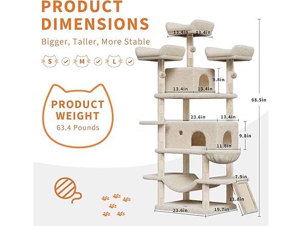 68.5 in Multi-Level Cat Tree for Indoor Cats- Beige