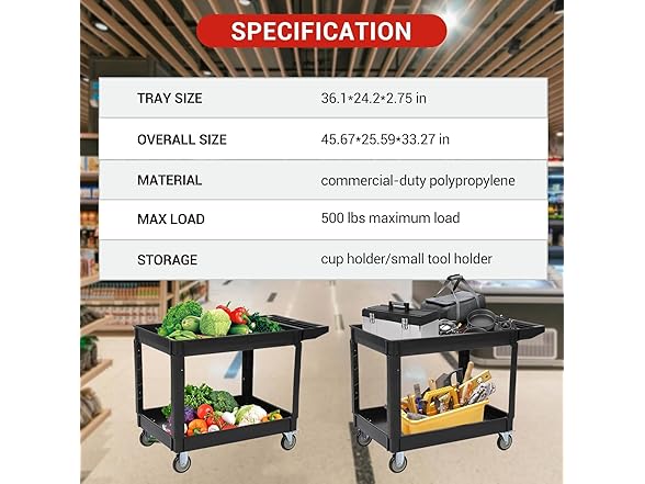 Utility Service Cart with Wheels and Two Trays